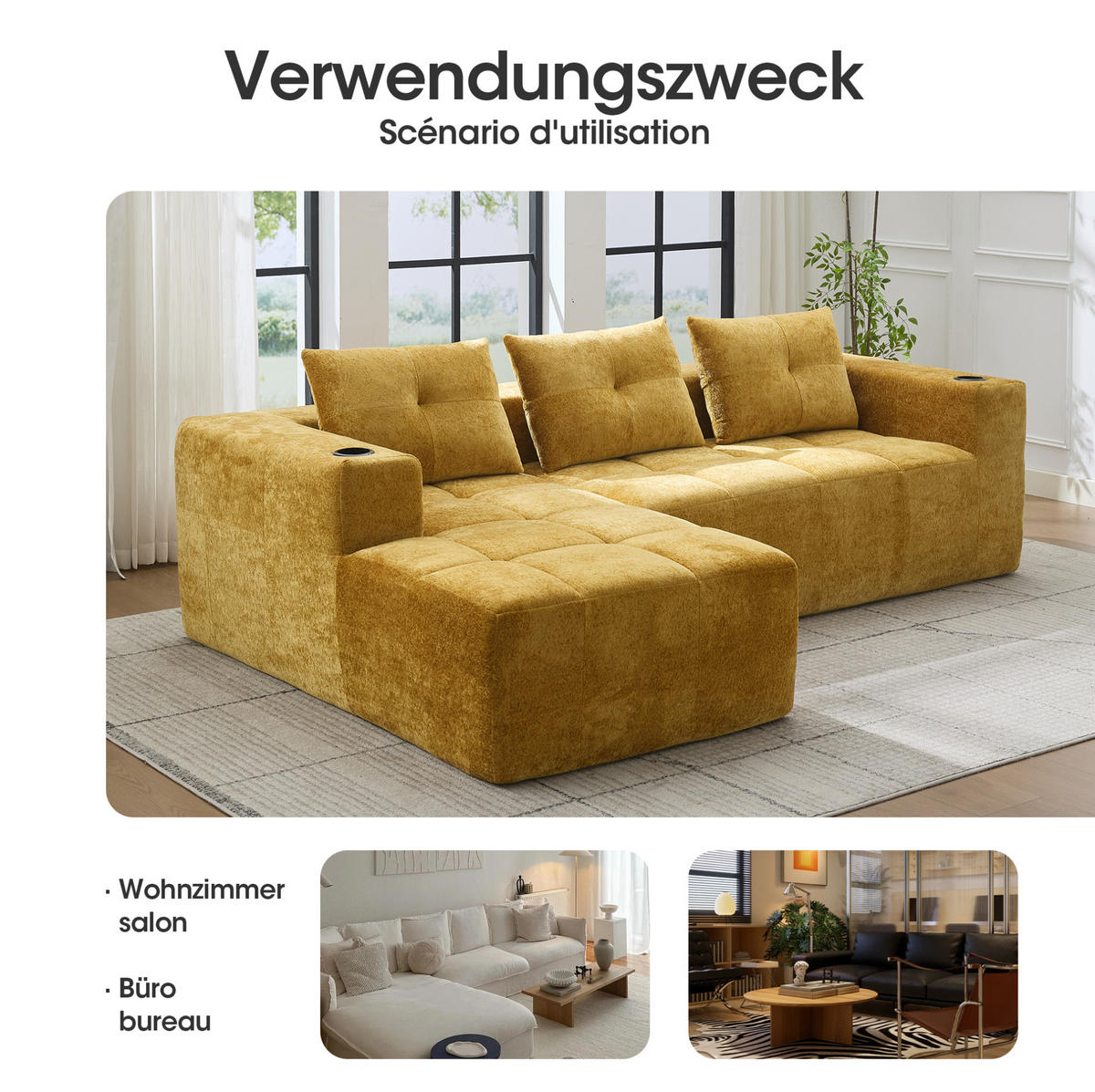 ECKSOFA 258/163/68 cm gelb aus Chenille mit Becherhaltern - Gelb, Textil (258/163cm) - OKWISH