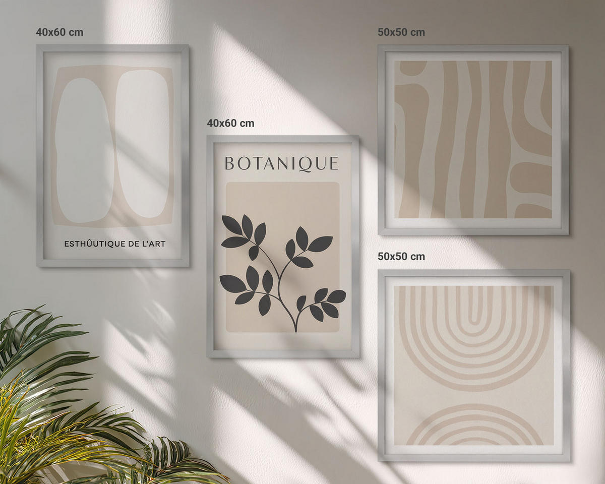 WANDBILDER 4er Set - 50x50 cm & 40x60 cm Silberner Rahmen - Boho-Pflanzenposter - Silberfarben, Kunststoff (50/50cm) - ArtPrintCave