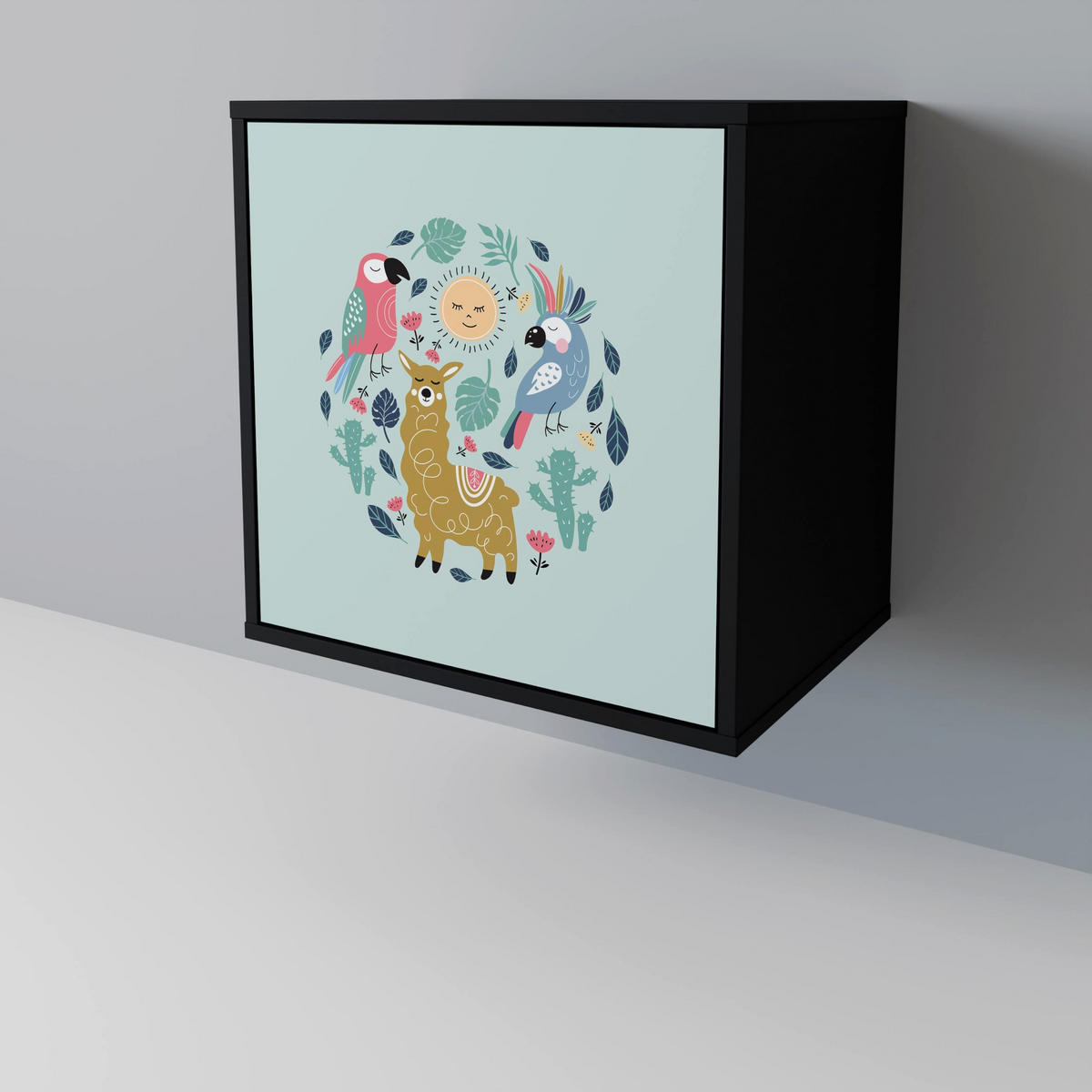 SIDEBOARD COLORFUL ALPACAS, Schwarz, 57,5x42x72,5 cm, Schwarze Metallfüße - Multicolor/Schwarz, Holzwerkstoff/Metall (57.5/72.5/42cm) - SpaceRebels