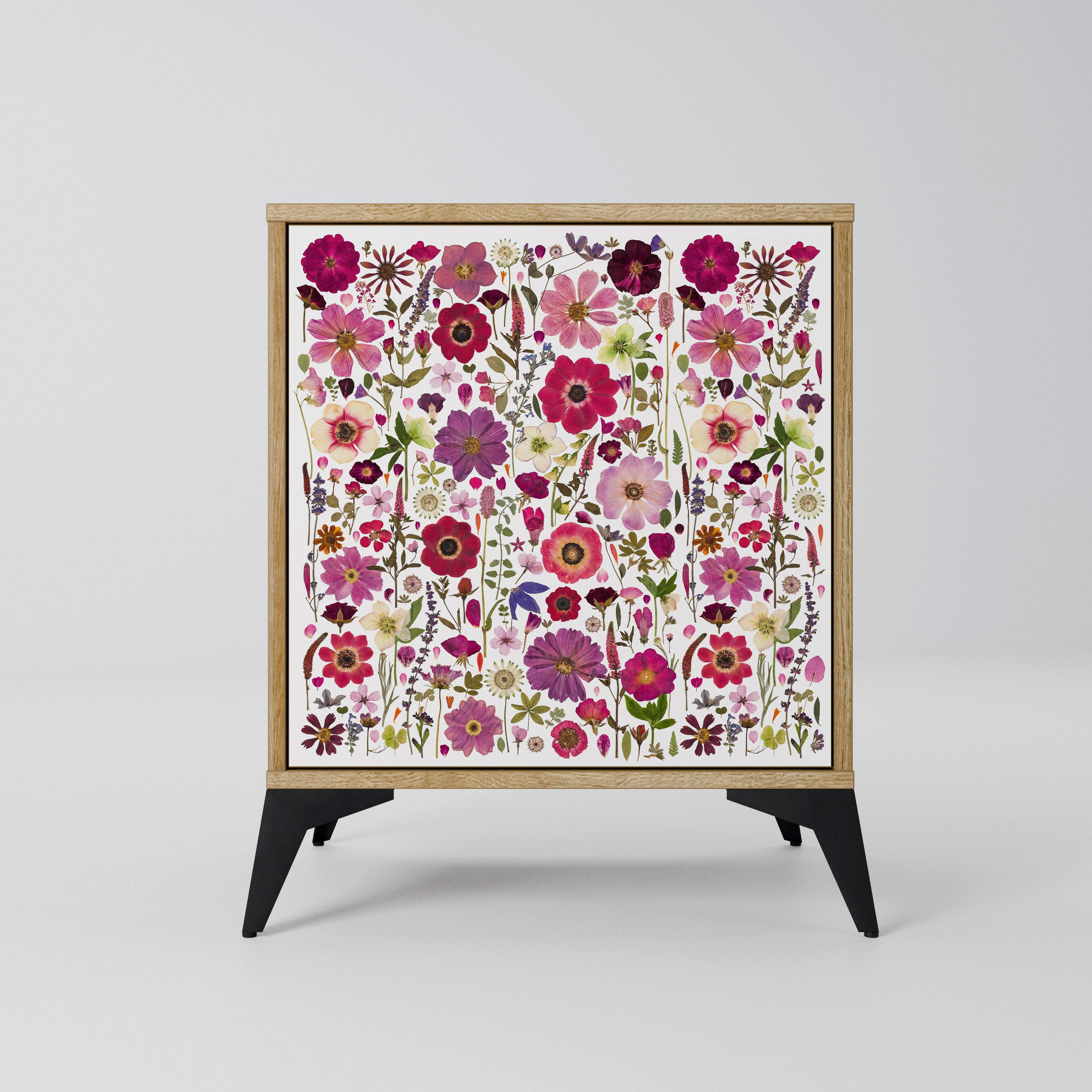 SIDEBOARD PETAL GARDEN, Eichefarben, 57,5x42x70,5 cm, Schwarze Metall-Sternfüße - Eichefarben/Multicolor, Holzwerkstoff/Metall (57.5/70.5/42cm) - SpaceRebels