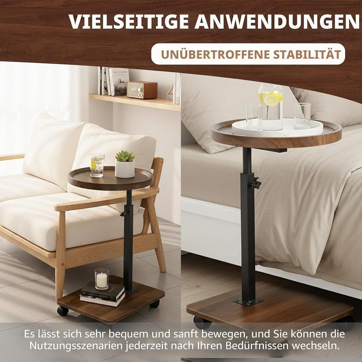 BEISTELLTISCH höhenverstellbar mit Rollen Walnussoptik - Braun, Holzwerkstoff (40/40/80cm)