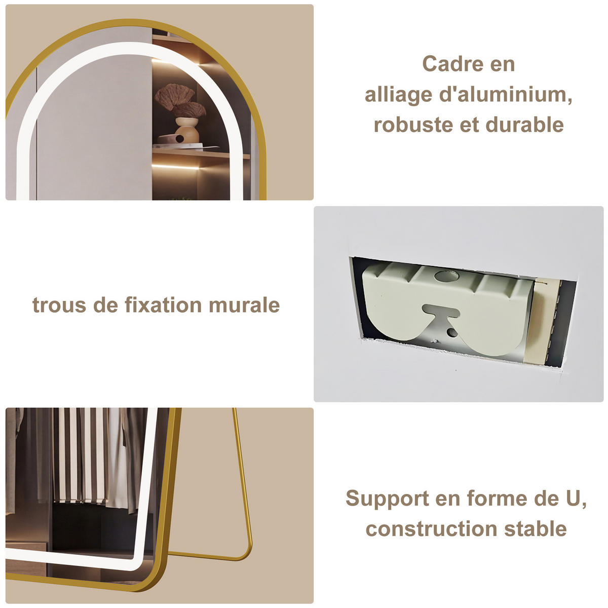 WANDSPIEGEL LED 150 x 40 cm aus Sicherheitsglas, Bogenform, gold - Goldfarben, Metall (40/150/3cm)