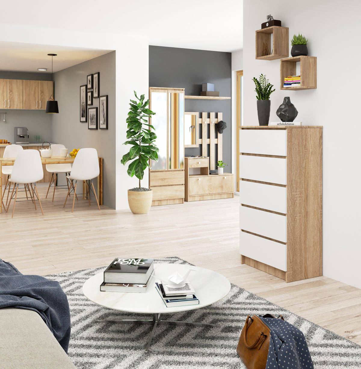 KOMMODE Eiche Sonoma, Weiß 121/60/40 - Weiß, Holzwerkstoff (60/121/40cm) - RAUMHIRSCH FURNITURE