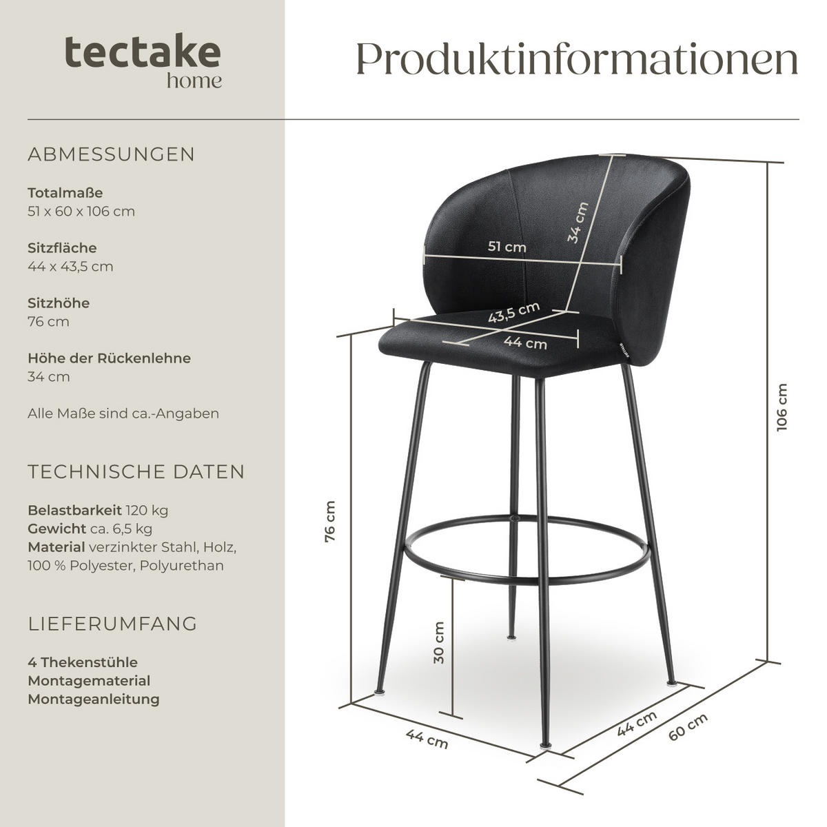 BARSTUHL Luana,51 x 60 x 106 cm, Belastbarkeit 120 kg,schwarz/schwarz - Schwarz, Kunststoff (51/106/60cm) - tectake