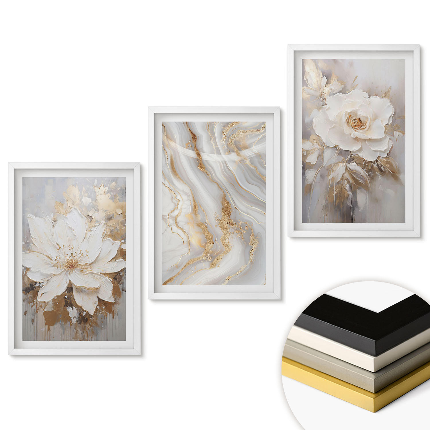 WANDBILDER 3er-Set - 40x60 cm Weißer Rahmen - Abstrakte Blumen aus Marmor - Weiß, Kunststoff (40/60cm) - ArtPrintCave