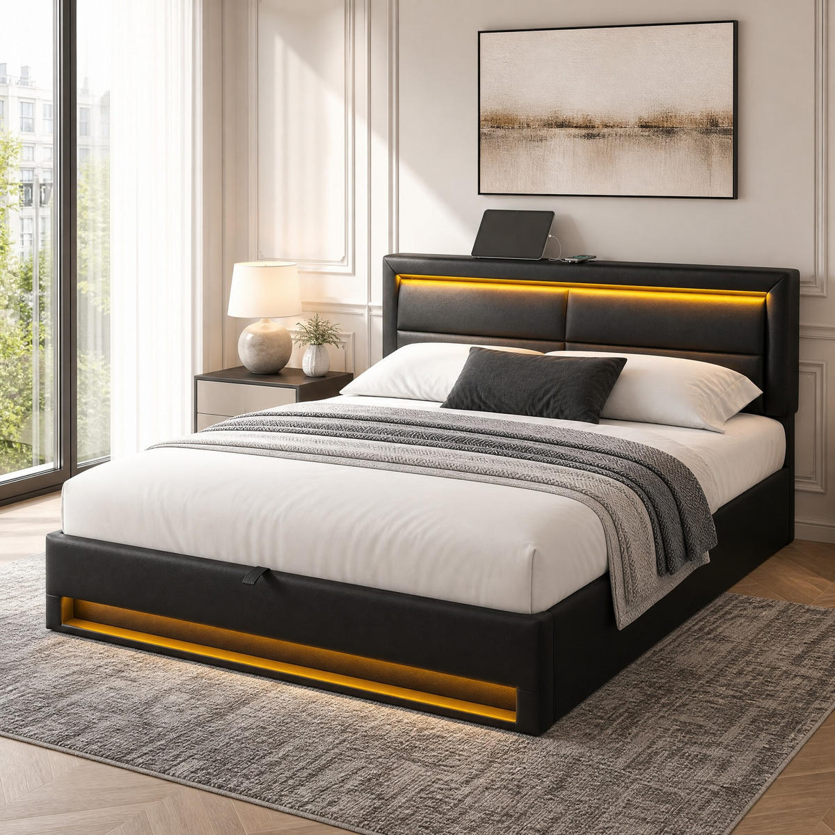 POLSTERBETT 140/190 mit Stauraum, LED und USB für kabelloses und kabelgebundenes Laden in Schwarz - Schwarz, Holzwerkstoff/Textil (140/190cm) - EVRYAE