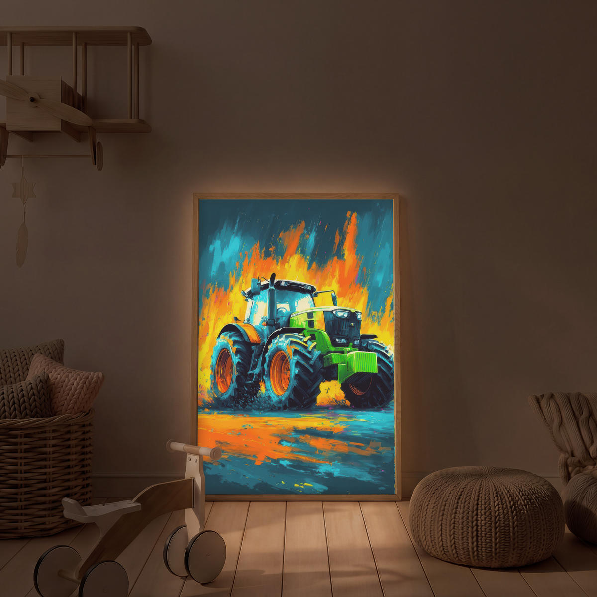 DOBÍJECÍ NOČNÍ LAMPIČKA Abstrakt - Traktor - Zelený 60x90 cm - tmavě modrá, kompozitní dřevo (8/60/90cm) - OnlyWow