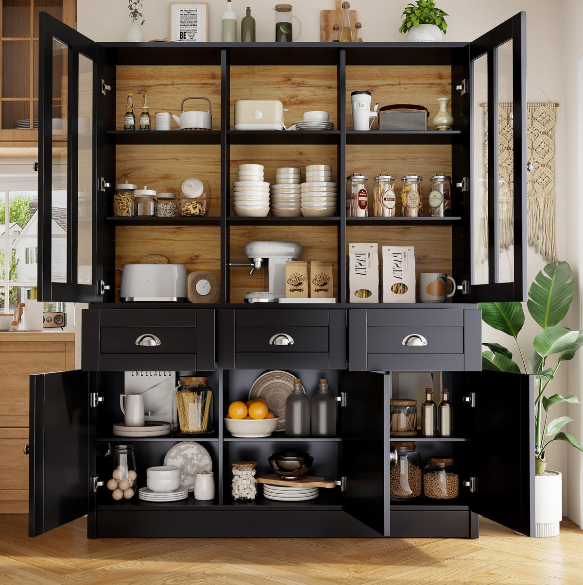 BUFFET 140/38,5/175 cm aus MDF mit Acrylfront und verstellbaren Einlegeböden Schwarz - Schwarz, Holzwerkstoff (140/175/38.5cm) - Modenvie