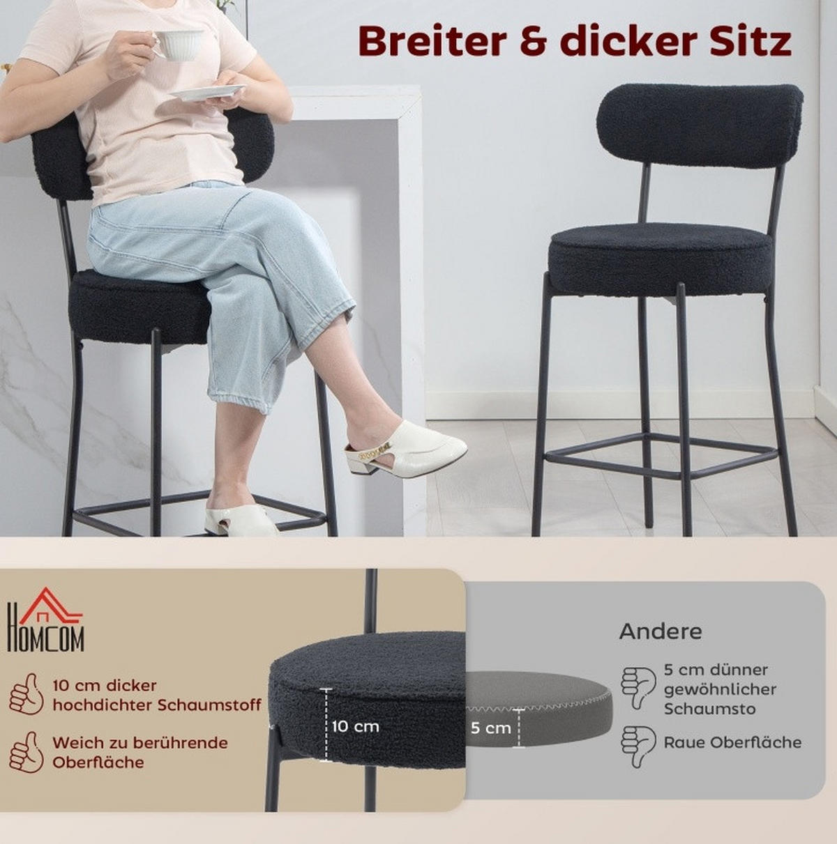 2ER-SET BARHOCKER mit Polstersitz und Fußstütze Schwarz - Schwarz, Metall (49/95/52cm) - Meubliv