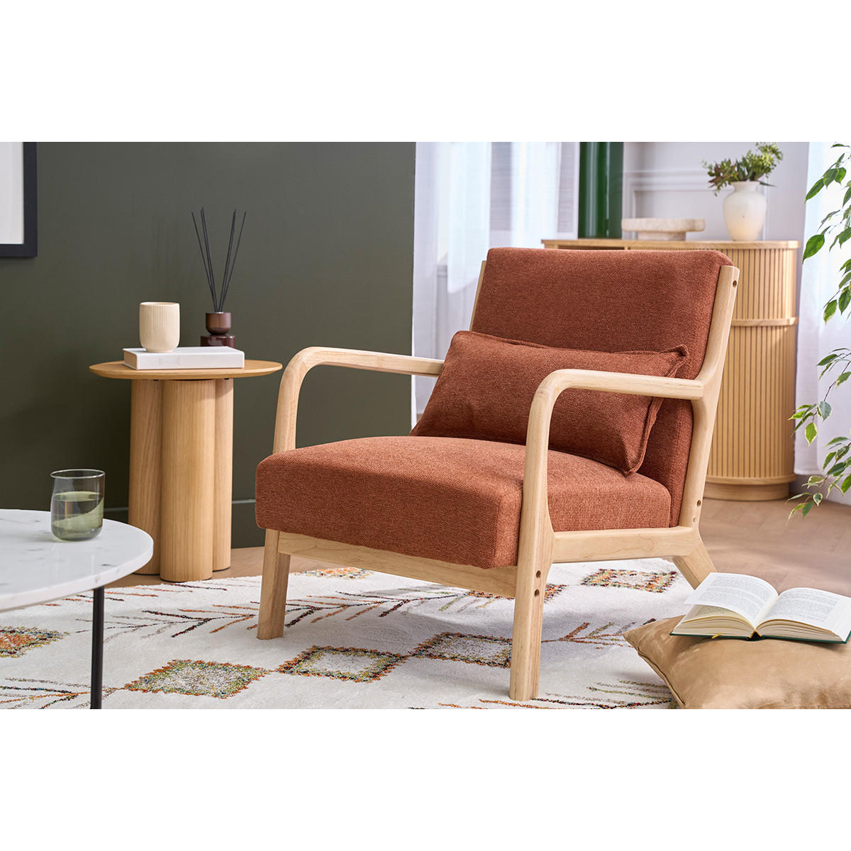 SESSEL Stoff Samteffekt Rostbraun Helles Massivholz DERRY - Terracotta, Holz (84/76/65.5cm) - Miliboo