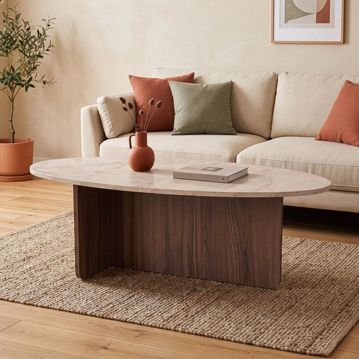 COUCHTISCH mit ovaler Platte L125 cm 65/120/40 cm - Eichefarben, Holzwerkstoff (70/65/40cm) - Calicosy
