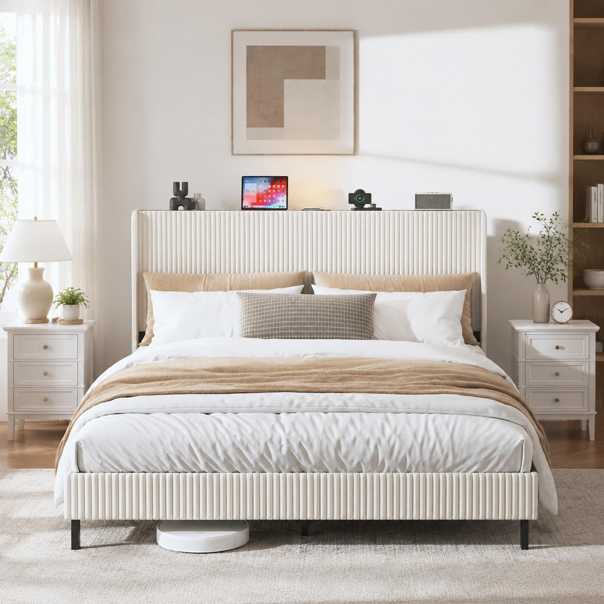 POLSTERBETT 180x200 cm in Beige und Creme mit Cord-Kopfteil und Metalllatten - Beige, Textil (180/200cm) - IVMEU