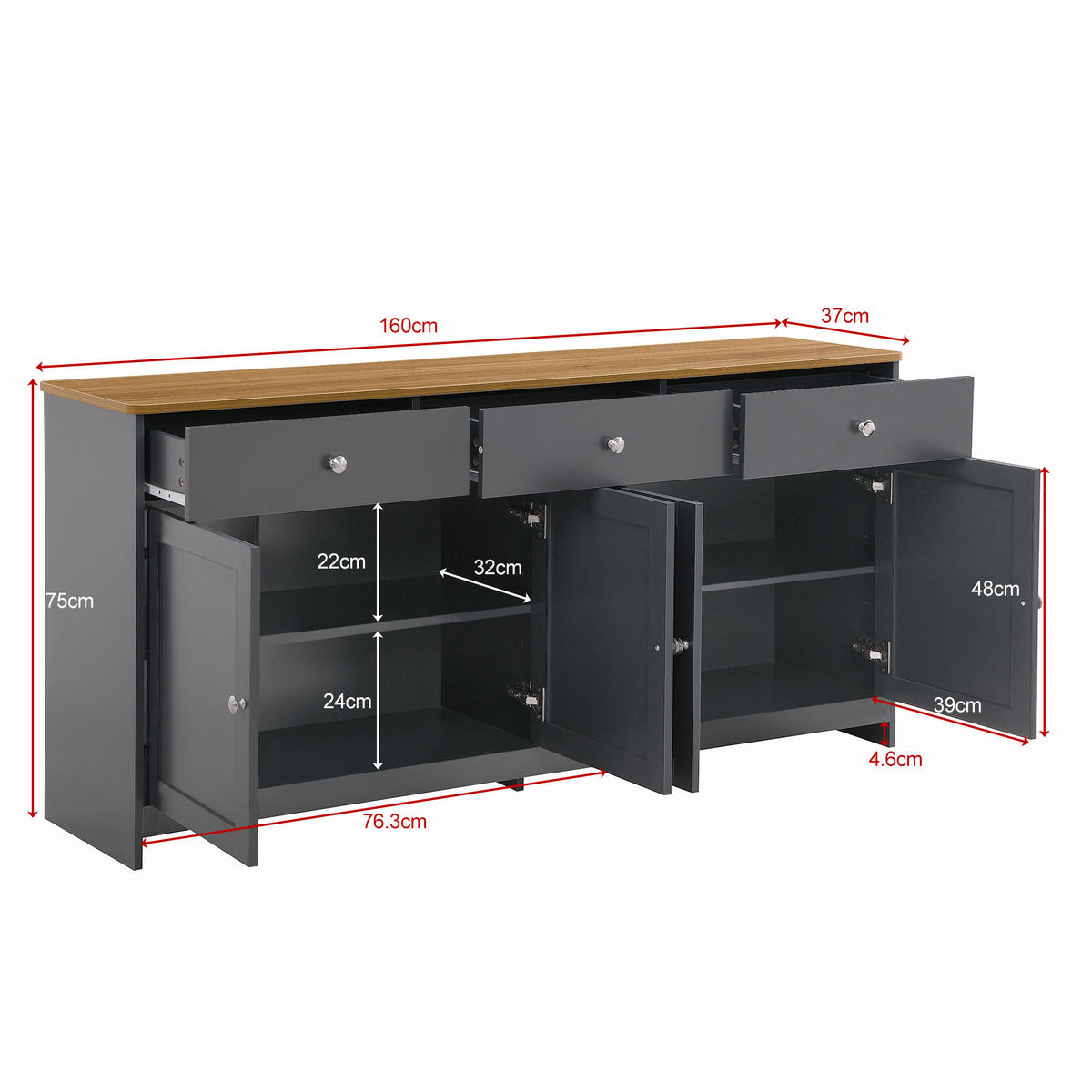 SIDEBOARD im Landhausstil aus MDF mit Holzplatte, 3 Schubladen und 4 Türen, 160/37/75 cm, grauschwarz und holzfarben - Grau, Holzwerkstoff (160/75/37cm) - Redom