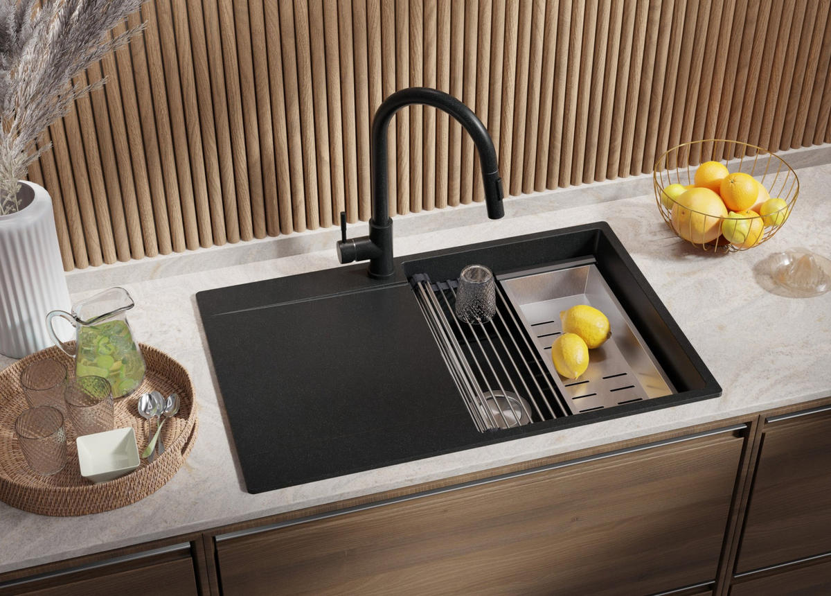SPÜLBECKEN San Francisco, 2-er set Anthrazit 78/50 cm 1 Becken + Ablauf-Set + Aufrollbare Abtropffläche ab 50er Unterschrank - Chromfarben/Anthrazit, Kunststoff (78/20/50cm) - Primagran