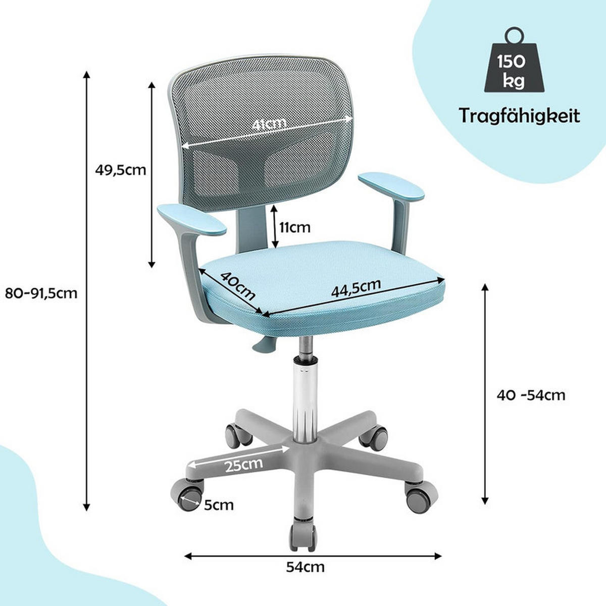 KINDER‑BÜROSTUHL 360°drehbar blau - Blau, Kunststoff (54/80/54cm) - COSTWAY