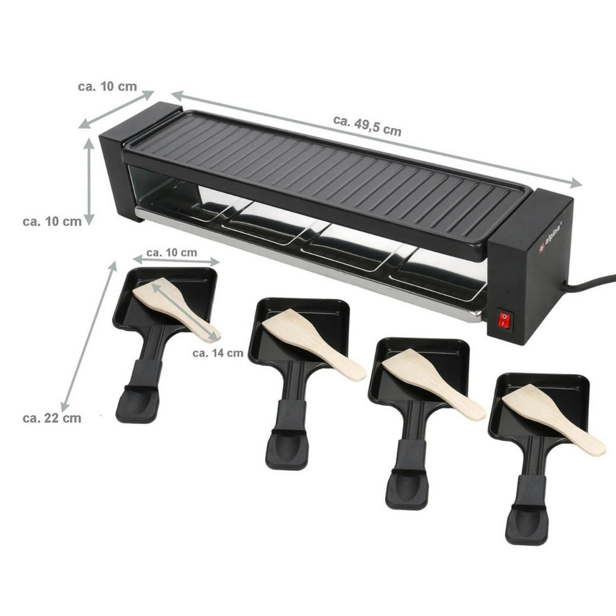 RACLETTEGRILL ED-223292, Steingrill 4 Personen, 800W Tischgrill, Partygrill Elektro, Antihaft Grillplatte, Verstellbarer Thermostat - Schwarz, Metall (49.3/10/11cm) - Alpina