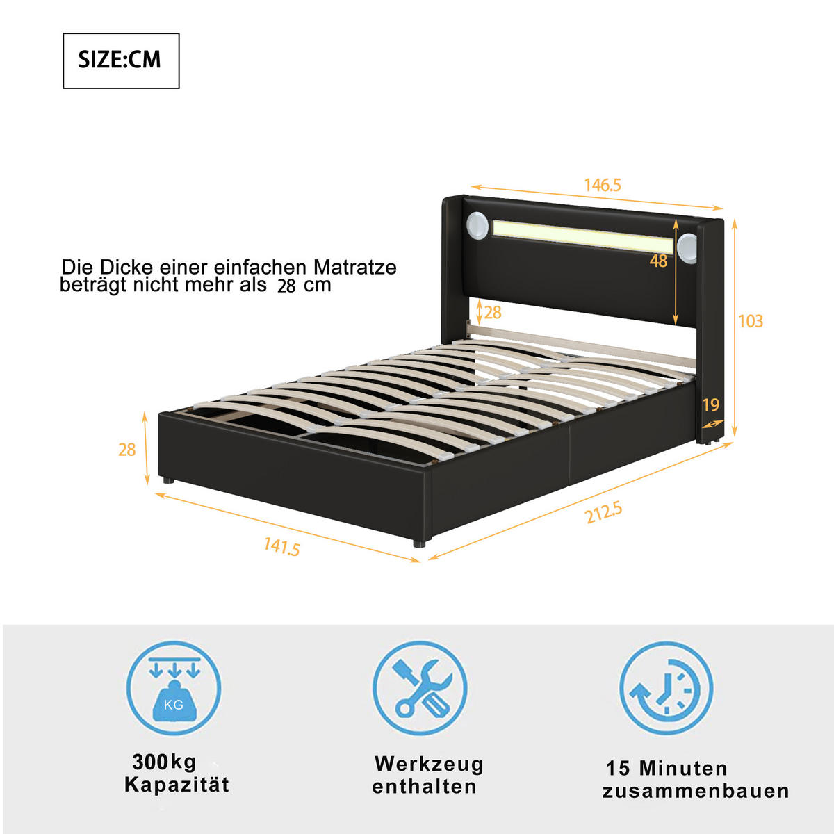 POLSTERBETT 140/200 cm Schwarz mit LED-Beleuchtung und Bluetooth-Player - Schwarz, Kunststoff (140/200cm) - OKWISH