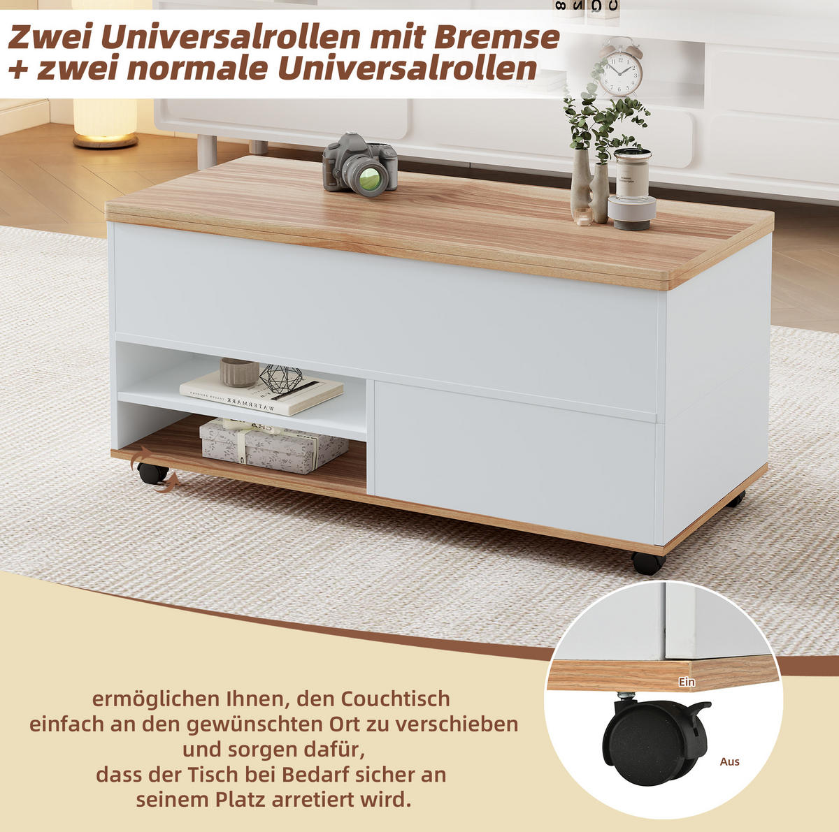 COUCHTISCH 100/98/65 cm höhenverstellbar mit hydraulischen Tischplatten, Stauraum und Rollen, Spanplatte, Weiß/Naturholz - Weiß, Holzwerkstoff (100/98/65cm) - Redom