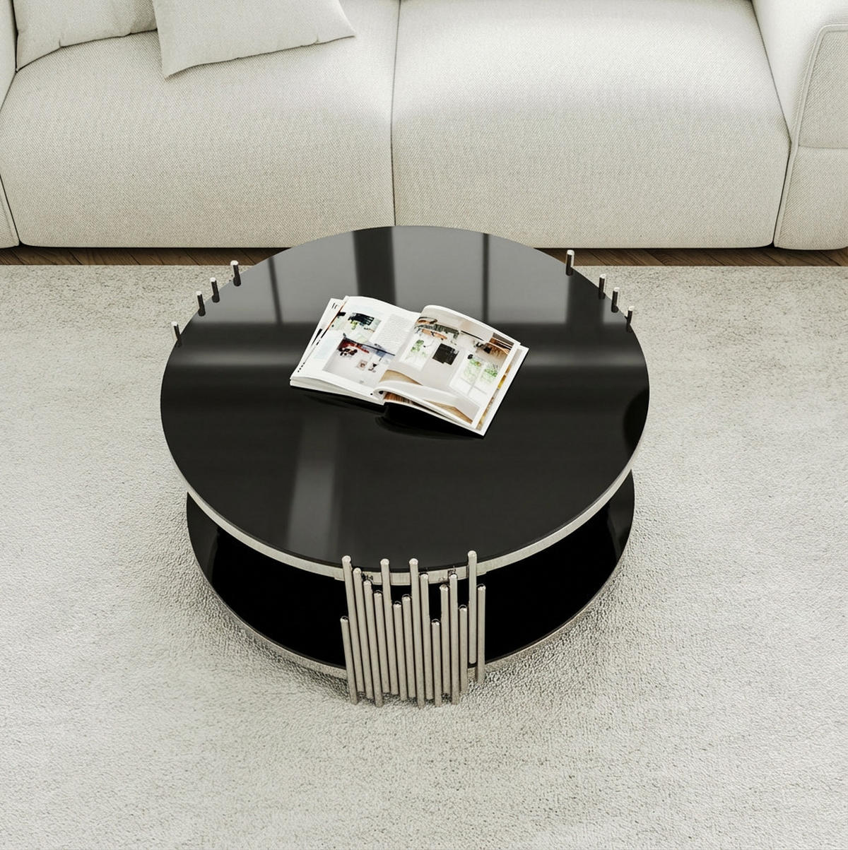 COUCHTISCH rund 2-stufig Schwarz Glas Silber - Schwarz, Glas (80/80/45cm) - Meubliv