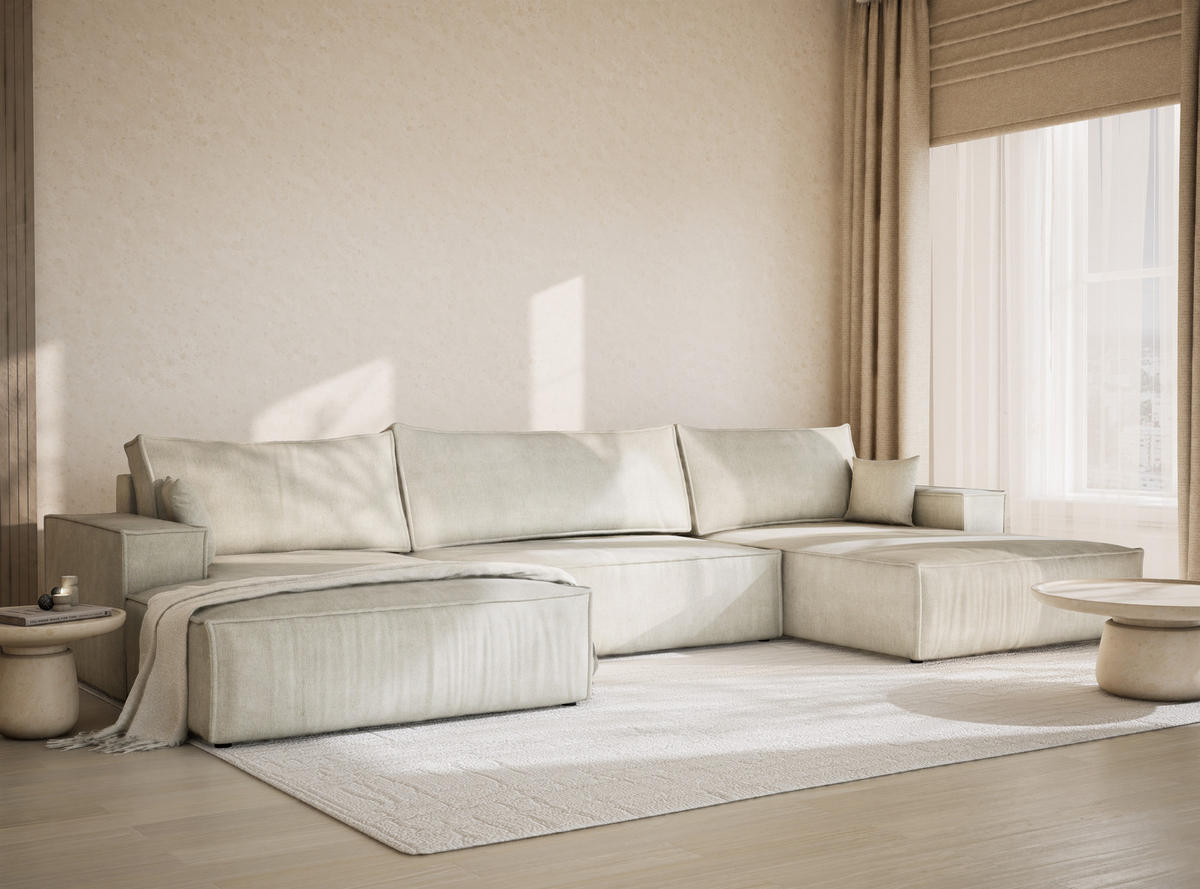 WOHNLANDSCHAFT Kyoto Creme Webstoff - Creme/Schwarz, Holz/Holzwerkstoff (398/70/148cm) - Maison de Reve