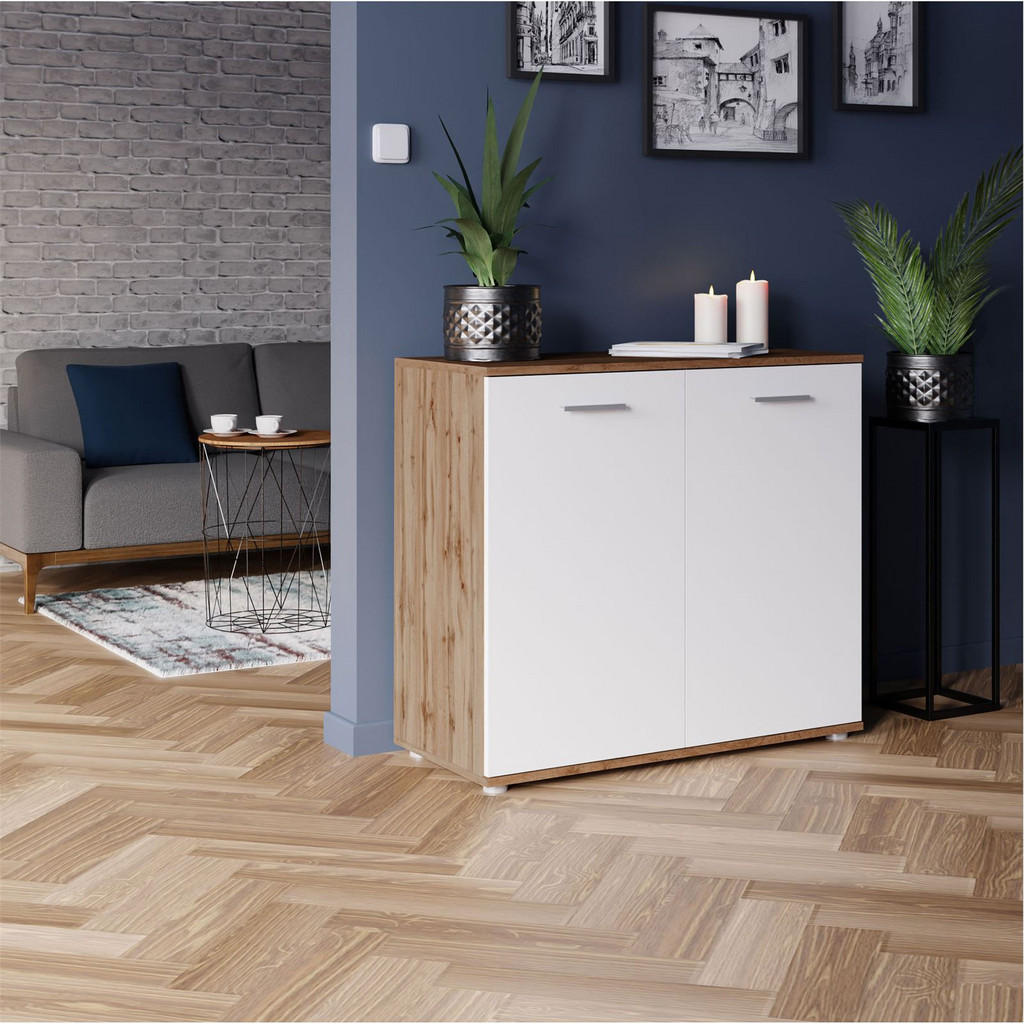 Thumbnail - CARO-Möbel Kommode, Eiche Wotan, Weiß, Holzwerkstoff, Mode, 91x82x40 cm, Wohnzimmer, Kommoden & Sideboards, Kommoden