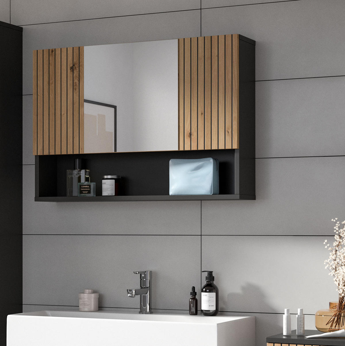 SPIEGELSCHRANK Eiche Artisan, grau 80 x 55 cm, Badschrank 3-türig - Eiche Artisan, Glas/Holzwerkstoff (80/55/17cm) - Inn.Furn