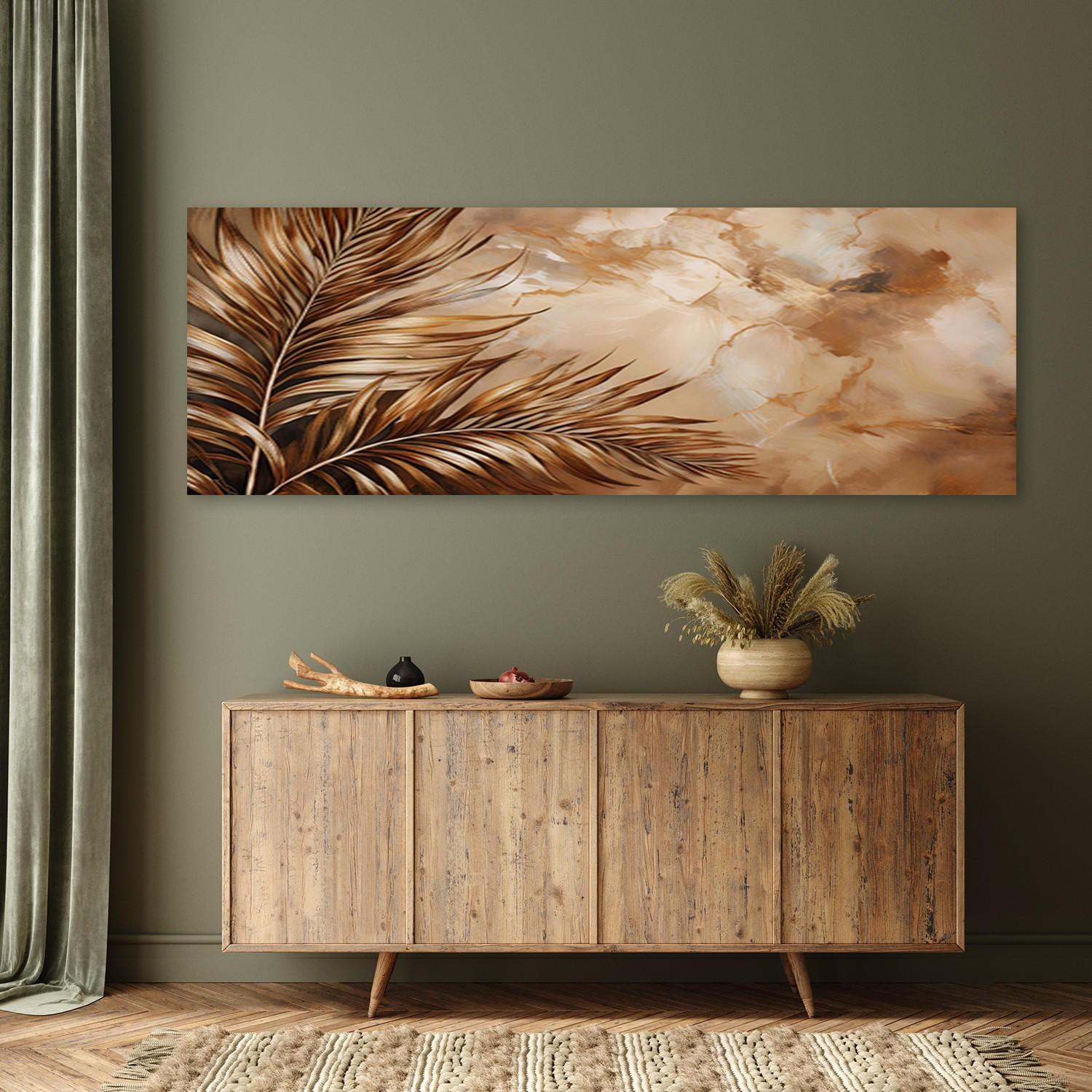 WANDBILD glamour palmblätter marmor sepia - Beige, Textil (90/30cm) - Feeby