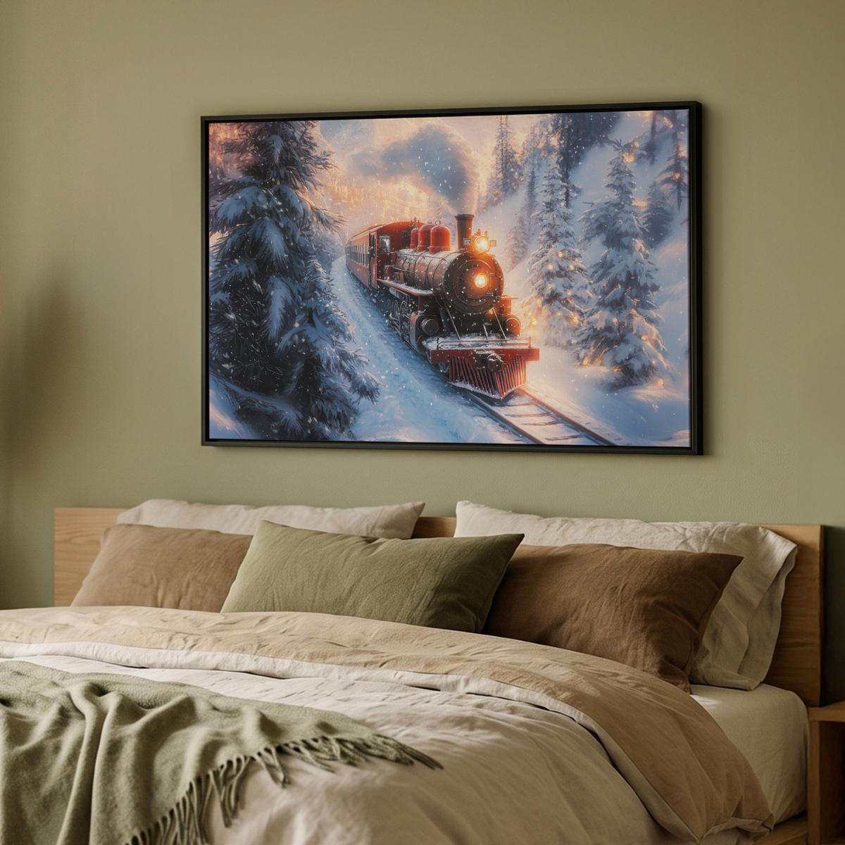LEINWAND Bilder mit Rahmen - Weihnachtszug - Schnee - Winter - Weihnachten - 90x60 - Dunkelrot, Textil (90/60cm) - MuchoWow