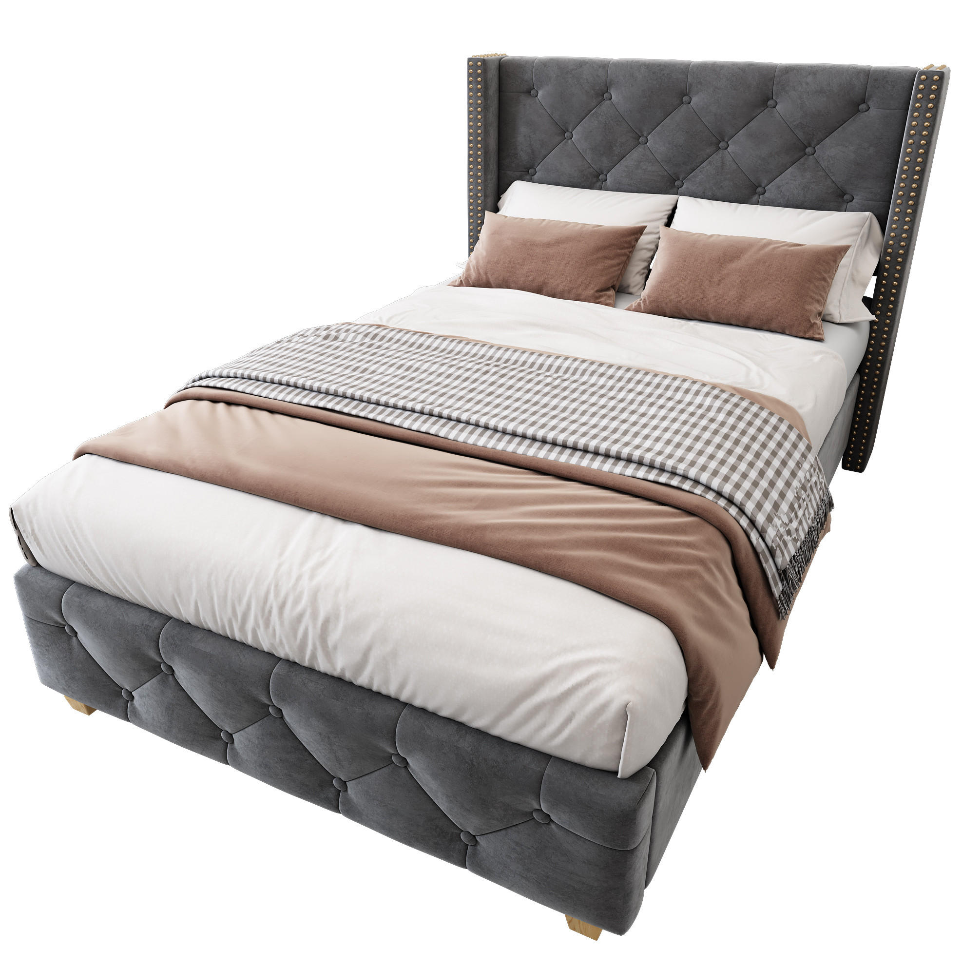 POLSTERBETT 90/200 cm Grau mit Lattenrost und Kopfteil, Samt und Nieten - Grau, Textil (90/200cm) - OKWISH