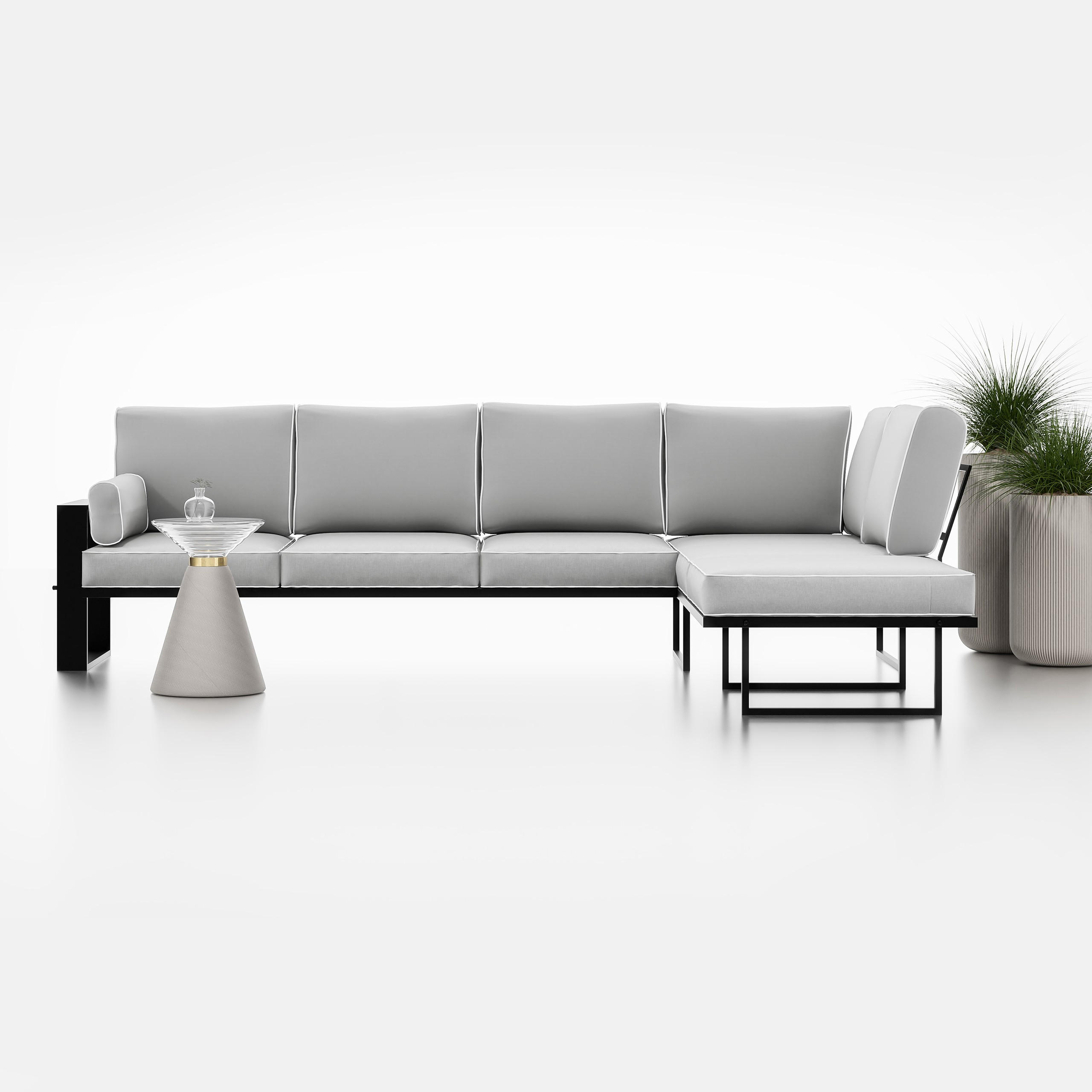 ECKSOFA Garten Hellgrau, schwarze Metallbeine - Grau, Holzwerkstoff/Metall (292/90/195cm) - Bettso