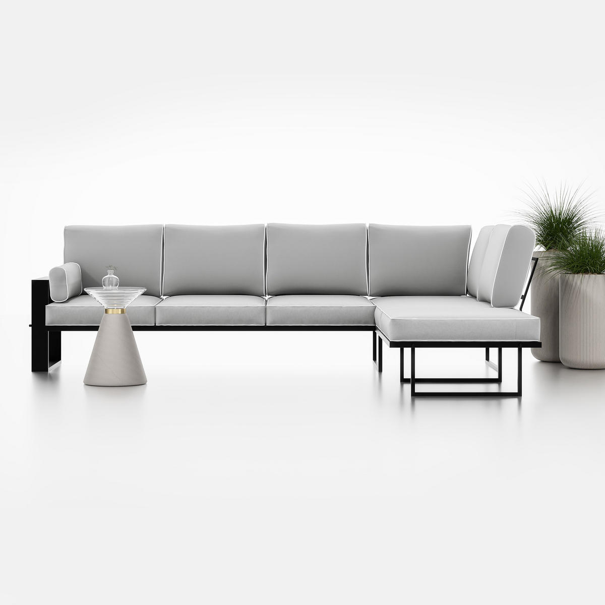 ECKSOFA Garten Hellgrau, schwarze Metallbeine - Grau, Holzwerkstoff/Metall (292/90/195cm) - Bettso