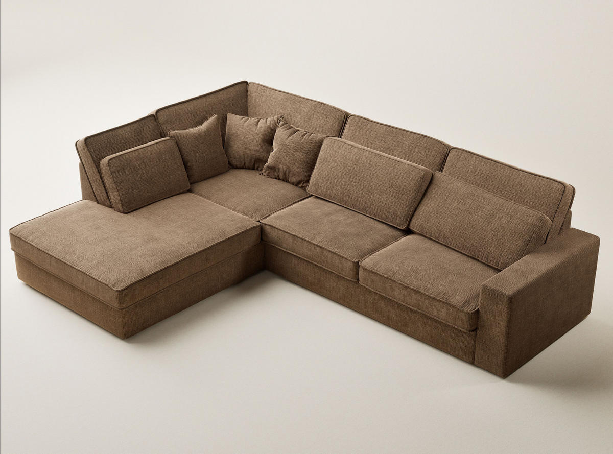 ECKSOFA Kirou Hellbraun Chenille-Stoff - Links Seite - Hellbraun/Schwarz, Holz/Holzwerkstoff (225/311cm) - Maison de Reve