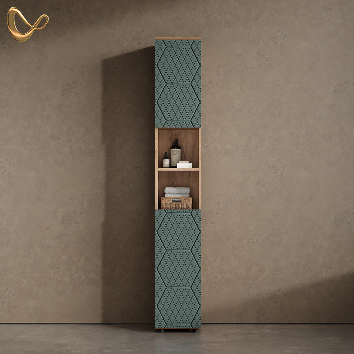 BADSCHRANK Ronco Grün/Goldkraft Eiche 30 x 192 cm - Grün, Holzwerkstoff (30/192/30cm) - Livinity®