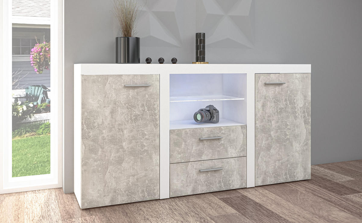 SIDEBOARD Spacoro 2F2S Weiß, Beton 156,4/82/40,3 cm – Schubladenschrank Kommode Modern - Hellgrau/Weiß, Holzwerkstoff/Kunststoff (156/82/40cm) - AX Living