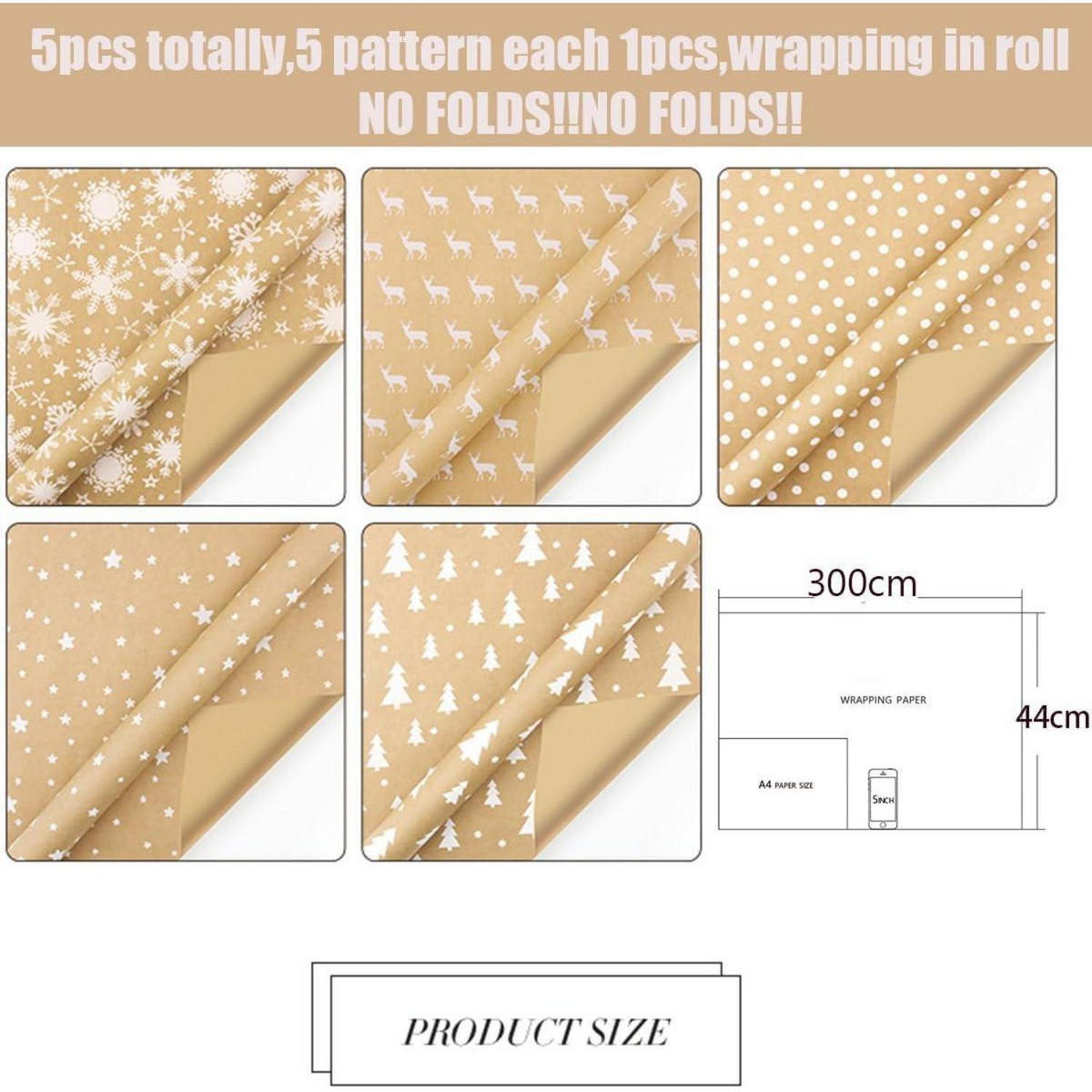 GESCHENKPAPIER 5er Set Braun 44 cm x 3 m Weihnachtsmotive - Braun, Papier (44/0.1/300cm)