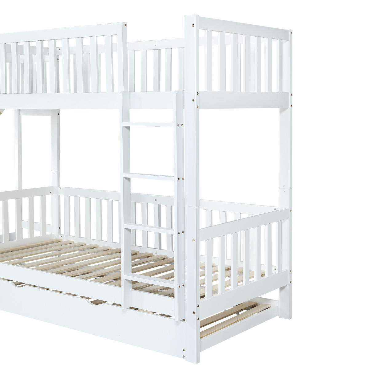 ETAGENBETT 90/200 cm mit Rollbett 90/190 cm, Rutsche, Regalen und 4-stufiger Leiter aus Kiefer/MDF, Weiß - Weiß, Holzwerkstoff (90/200cm) - Redom