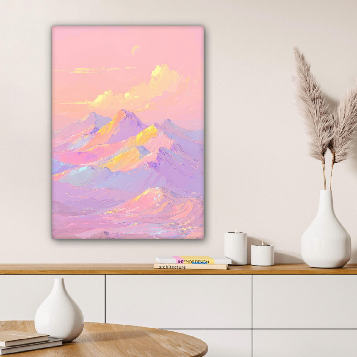 LEINWANDBILD Berggipfel - Wolken - Verträumt Wandbild Wohnzimmer 60x80 cm - Hellrosa, Textil (60/80cm) - MuchoWow