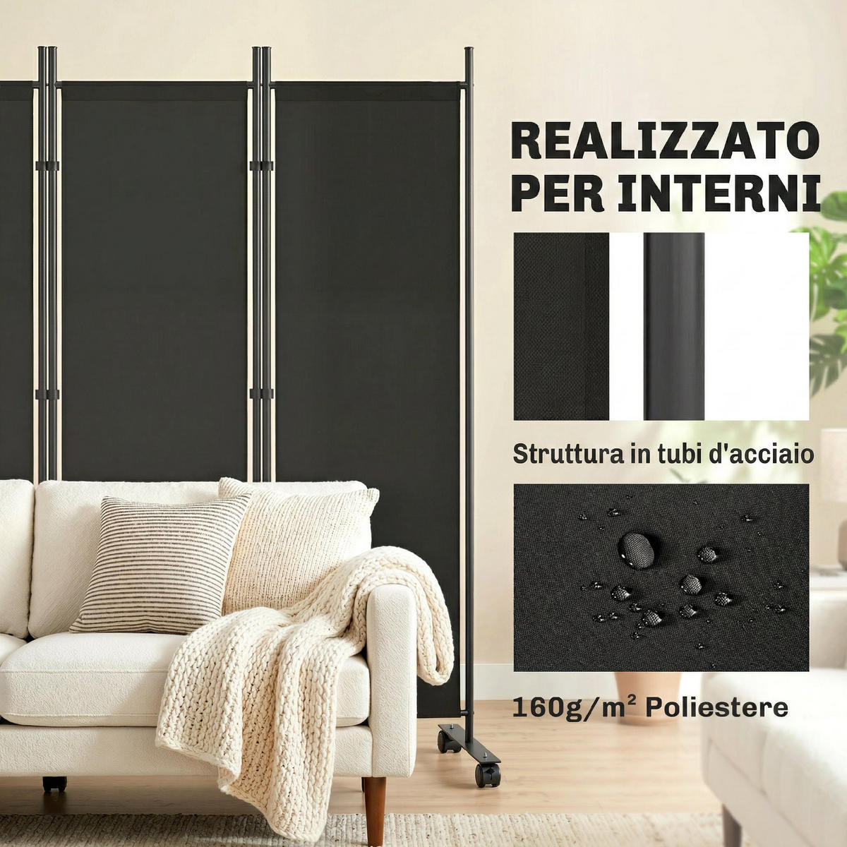 RAUMTEILER,5-TEILIG Stahl mit Rollen Clips,schwarz - Schwarz, Metall (252/170cm) - Vallsero