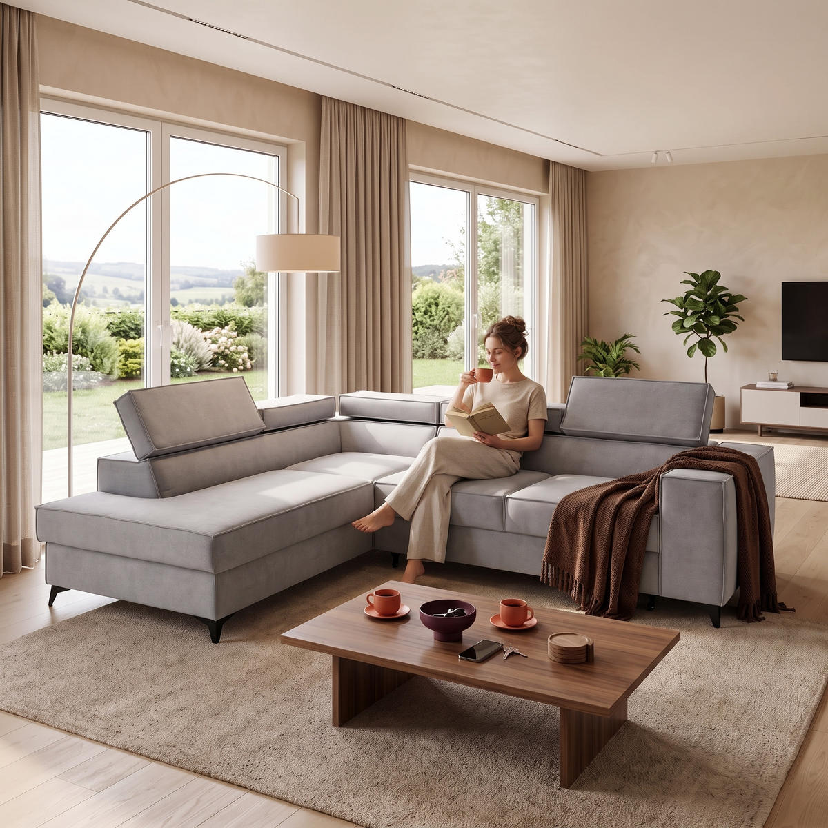 ECKSOFA PURE L Links mit Schlaffunktion 127x199 Velours Hellgrau - Hellgrau/Schwarz, Holz/Textil (281/204cm) - Muffo
