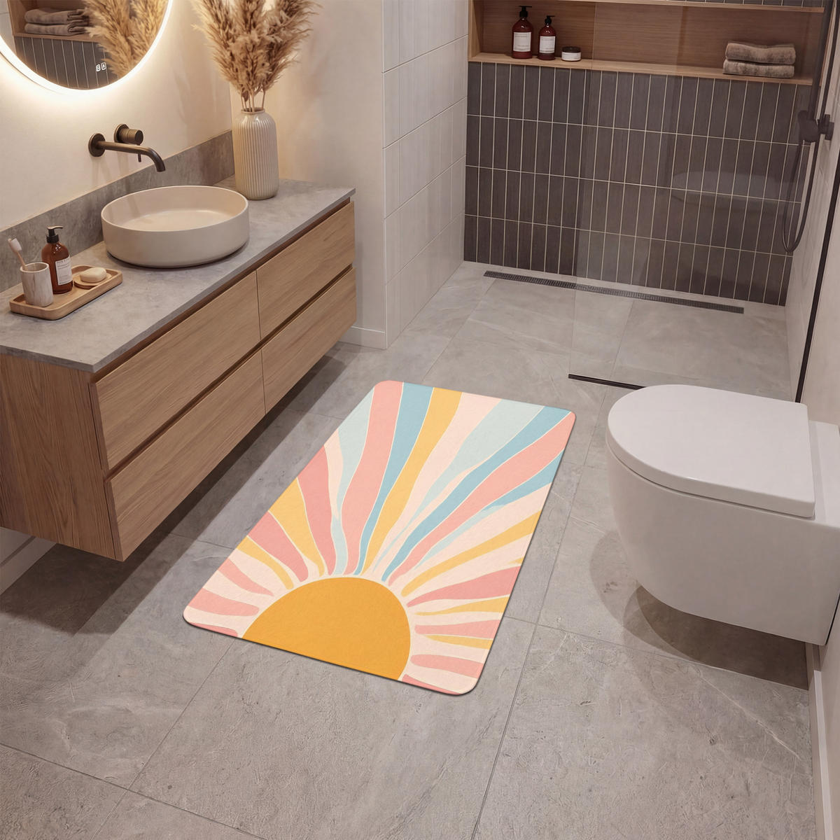 BADEMATTE Illustration - Sonne - Pastellfarben 60x90 cm - Pastellblau, Kunststoff/Textil (60/90cm)