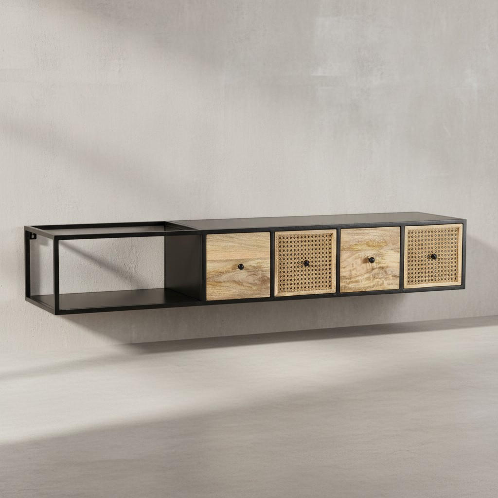 LOWBOARD Hängend Mango Massivholz Metall Modern Stil mit Schubladen und Rattan-Fronten - Schwarz, Holz/Metall (150/25/35cm) - KADIMA DESIGN