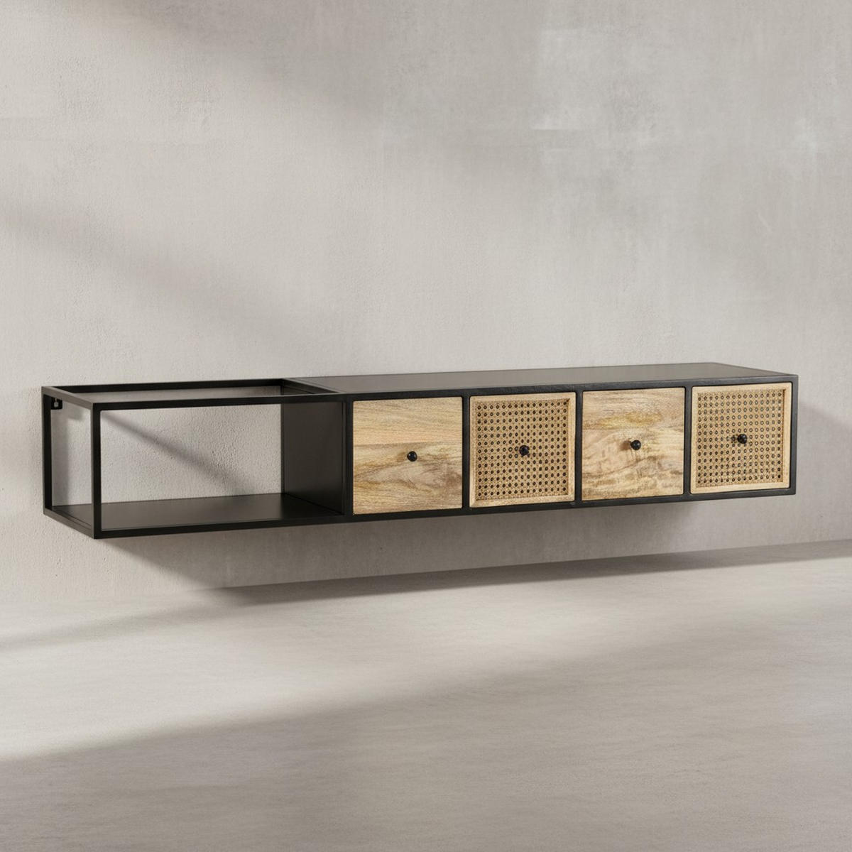 LOWBOARD Hängend Mango Massivholz Metall Modern Stil mit Schubladen und Rattan-Fronten - Schwarz, Holz/Metall (150/25/35cm) - KADIMA DESIGN