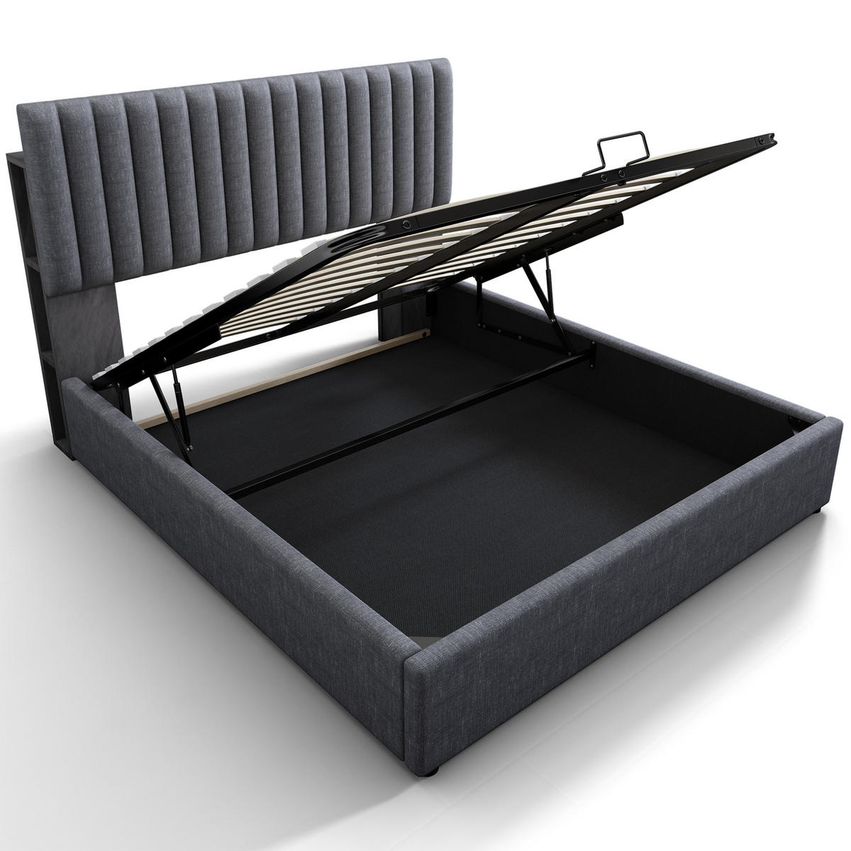 POLSTERBETT aus Leinen 160x200 cm Grau mit Stauraum, LED-Kopfteil und USB-C-Ladefunktion - Grau, Textil (160/200cm) - IVMEU