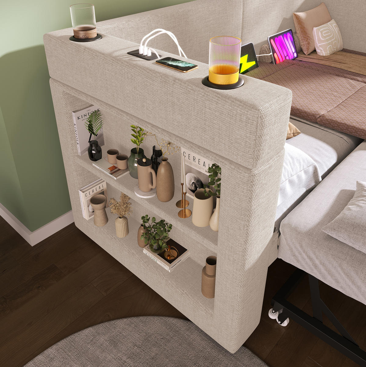 POLSTERBETT 90/200 cm Beige aus Baumwolle und Leinen mit Ausziehbett - Beige, Textil (90/200cm) - OKMYHOME