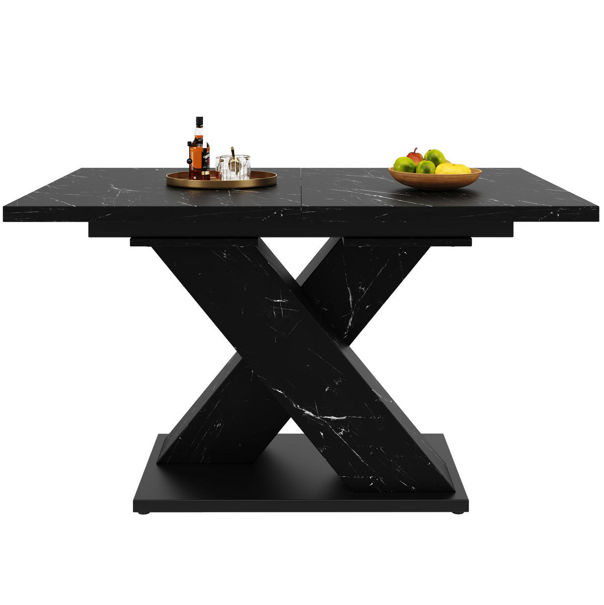 ESSTISCH aus MDF 119,5/159x80x75 cm Schwarz in Marmoroptik, ausziehbar mit X-Gestell - Schwarz, Holzwerkstoff (119/80/75cm) - Modfu