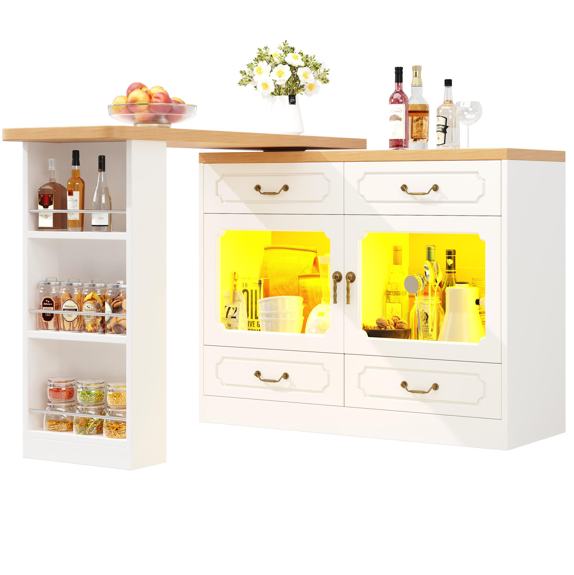 Modfu BAROVÝ stůl z MDF 135-203x39x92,8 cm přírodní/bílý s 360° otočnou deskou, LED osvětlením a úložným prostorem