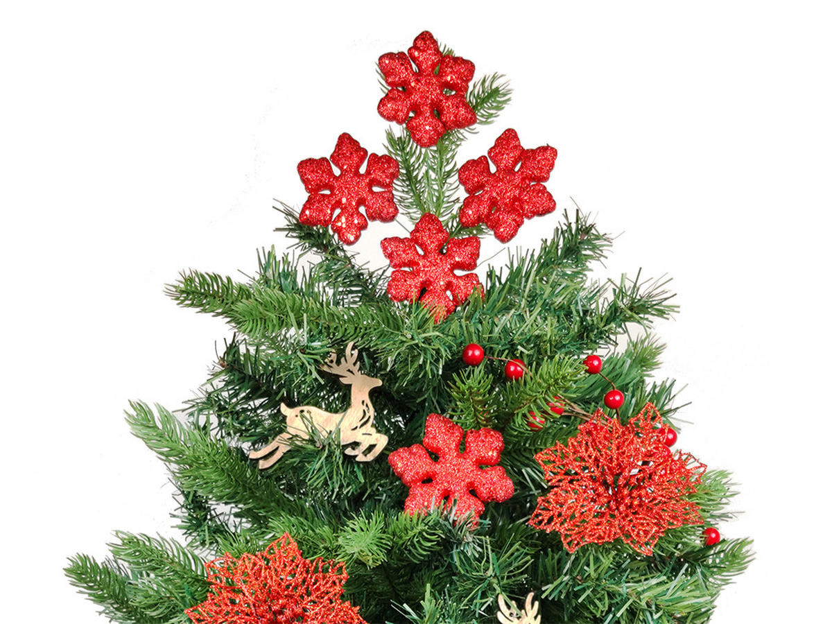 WEIHNACHTSBAUM künstlicher 60 cm mit LED-Beleuchtung, RENTIERKALB, mit 27 Weihnachtsbaumschmuck, Pflanztopf mit Jutesack - Rot/Braun, Kunststoff/Stein (40/60cm) - LAALU