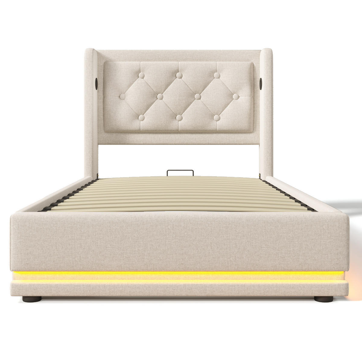POLSTERBETT Baumwolle 90x200 cm Beige mit Matratze, Bettkasten, LED-Beleuchtung und USB-C - Beige, Textil (90/200cm) - IVMEU