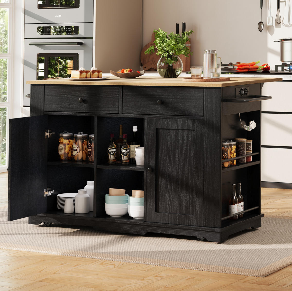 KÜCHENINSEL 151,5/59,7/91,7 cm aus MDF und Metall mit klappbarer Tischplatte und Steckdosenleiste Schwarz/Natur - Schwarz, Holzwerkstoff (151.5/91.7/84.7cm) - Modenvie