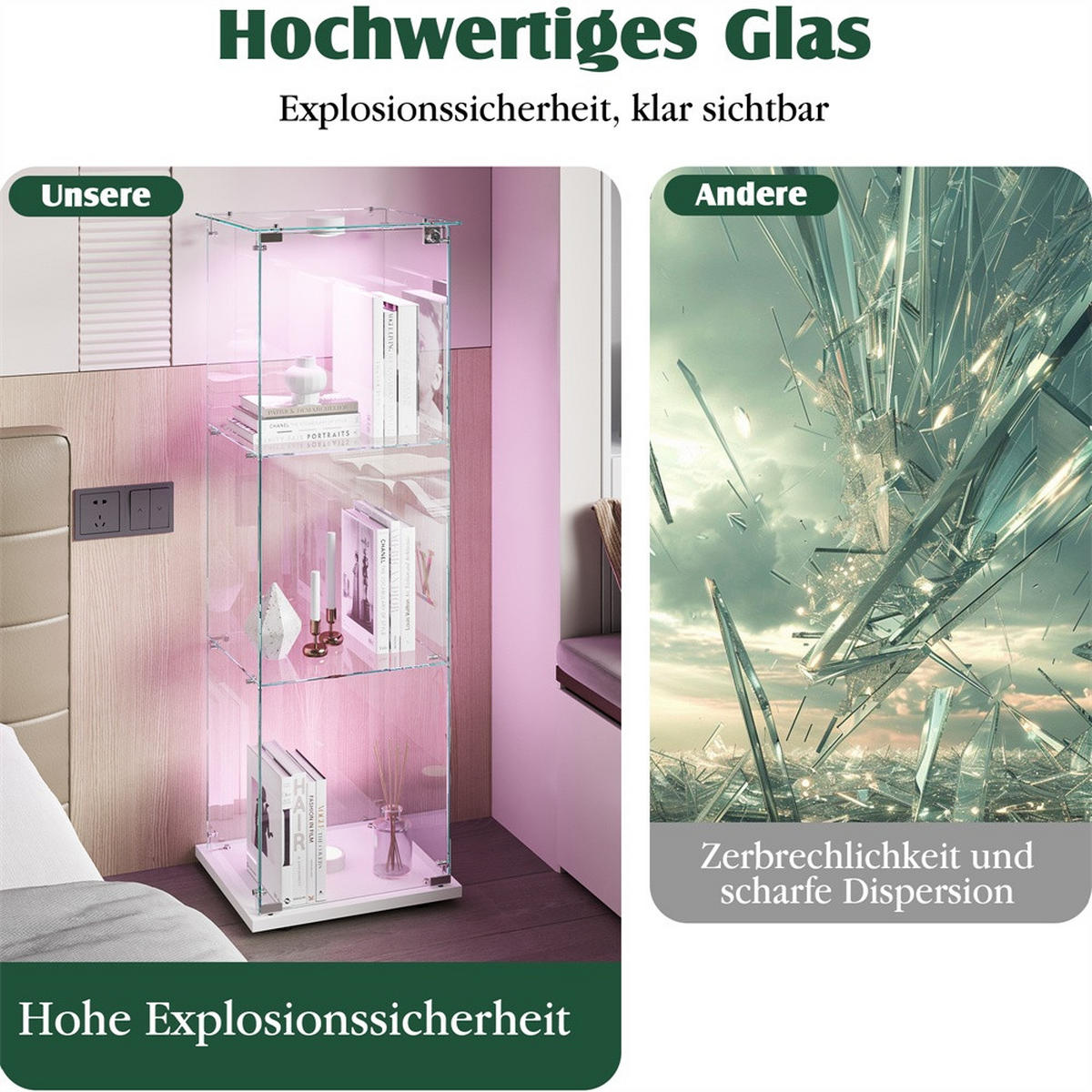 VITRINE - Glasvitrine mit 1 Tür - 3 Ebenen und LED-Beleuchtung - Weißer Boden - Weiß, Glas (39.8/123.3/35cm) - DELFA